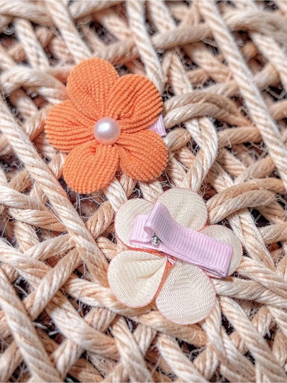 Pair of Orange Flower Hair Clips with Pearl Center